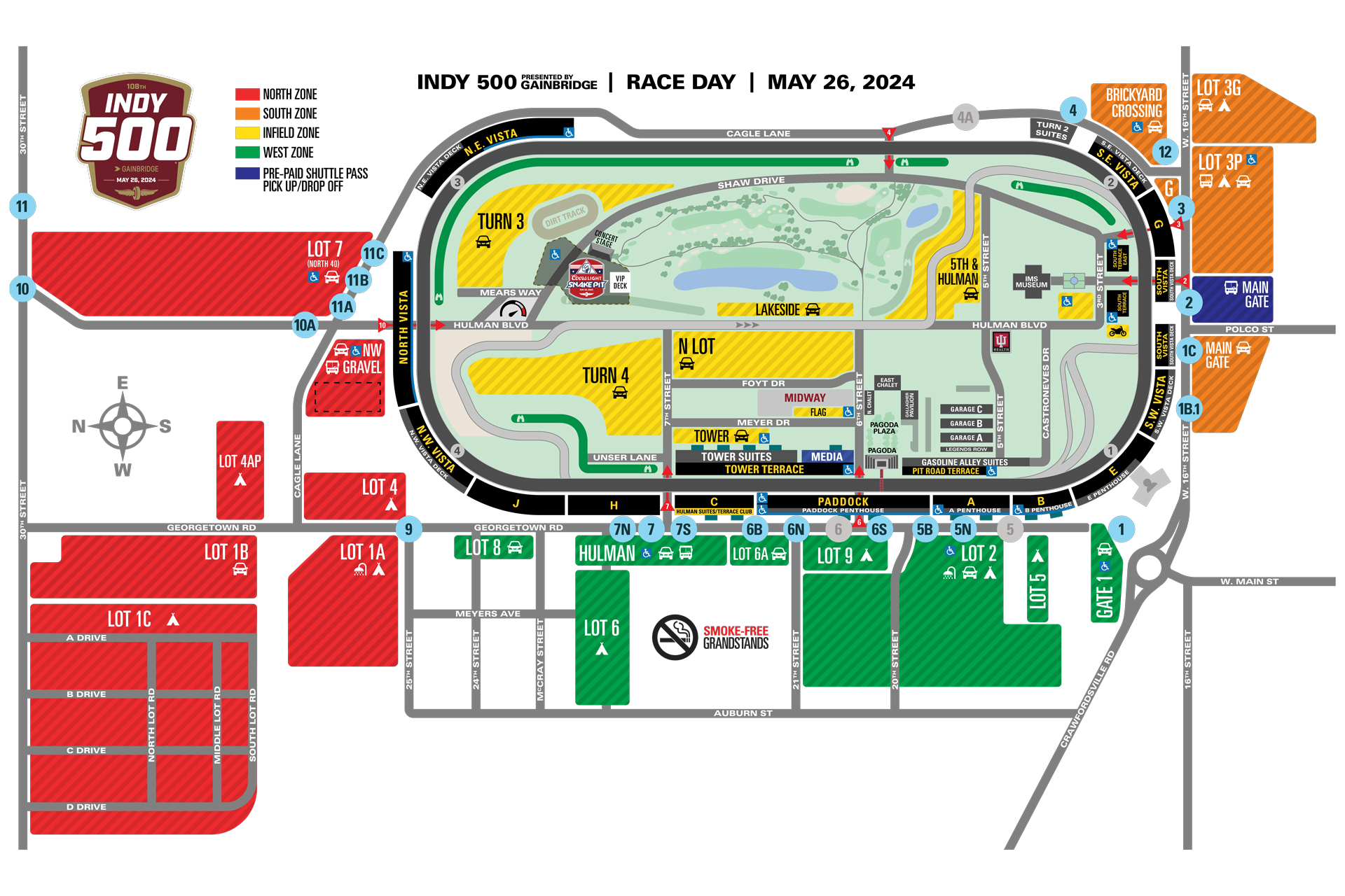 on-site parking map for the Indy 500 raceway and the Corvano event